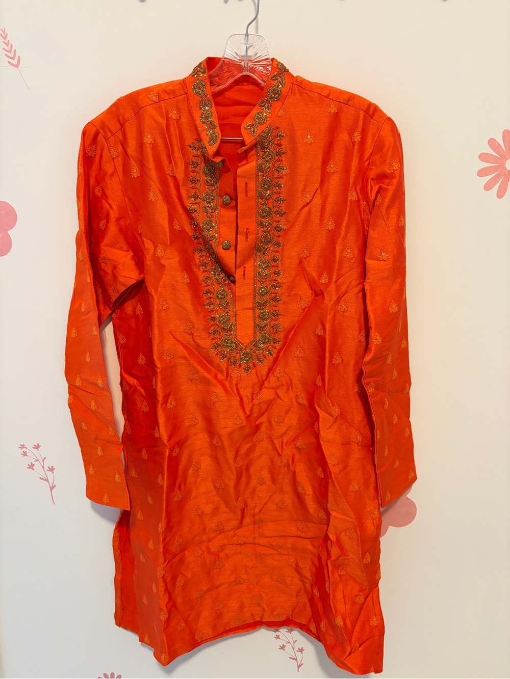 Men's Orange Embroidered Kurta